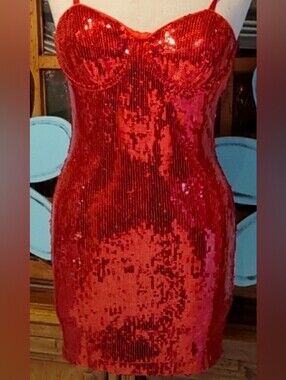 Red Sequin Bodycon Dress with Spaghetti Straps